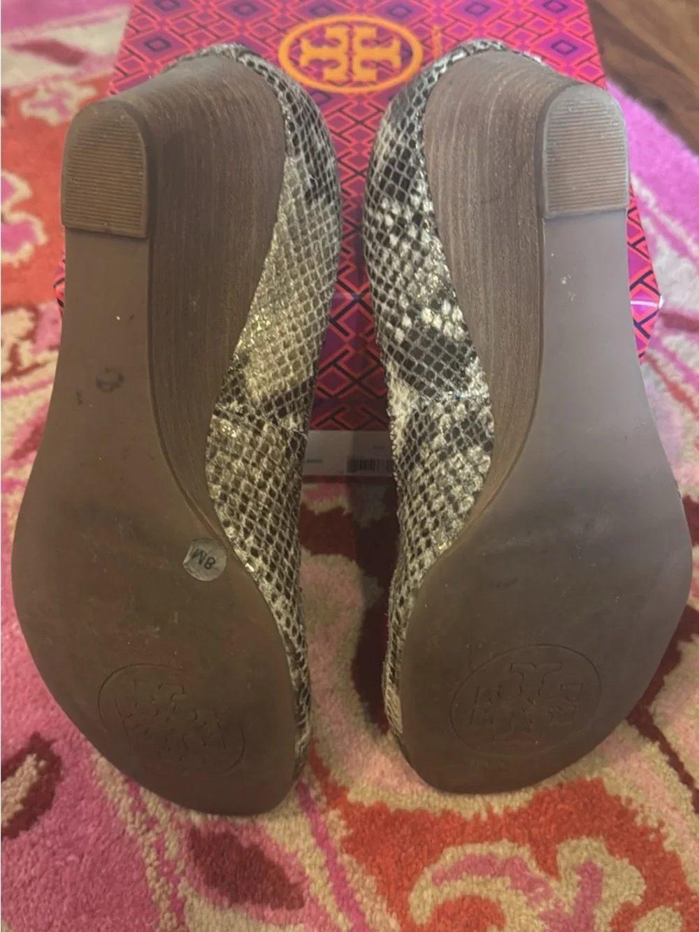 Tory Burch Caroline Wedge Natural Snake Print with Gold Logo, SZ 8